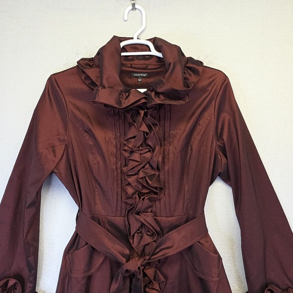 Samuel Dong Coat Women L Brown Metallic Ruffle Steampunk Satin Gothic Vintage - Picture 4 of 16